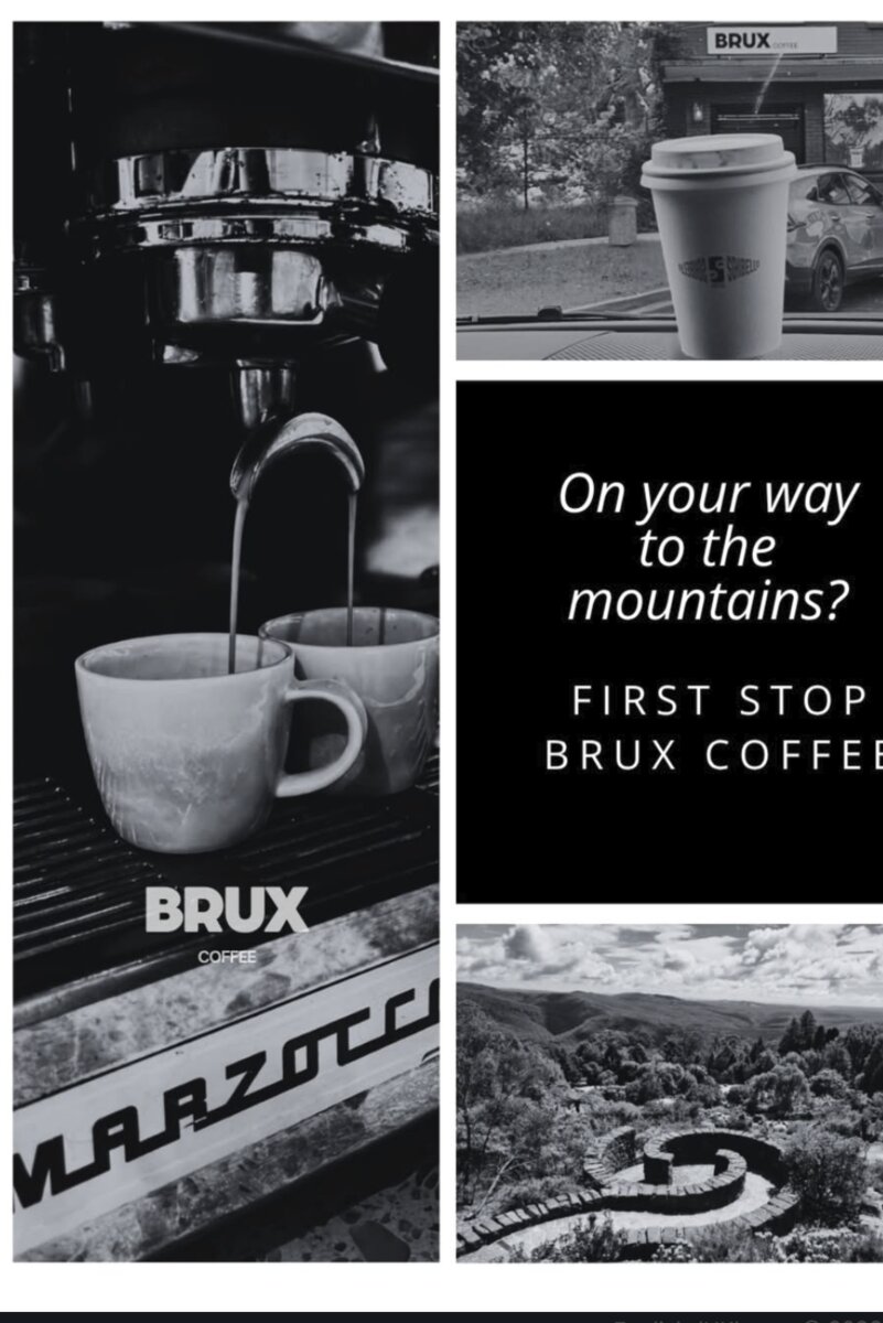 Brux Coffee collage - espresso, mountains, and the shop